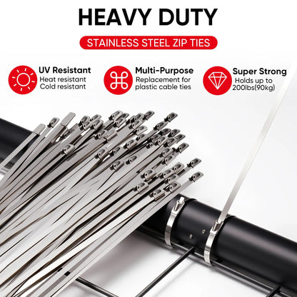 Stainless Steel Cable Tie Gun Kit-100PCS 11.8 inches 304 Heavy Duty Metal Zip Ties