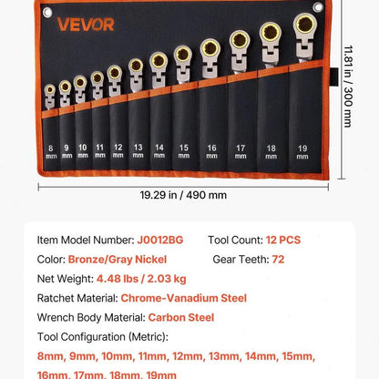 12-Piece Multifunctional Flex-Head Ratcheting Wrench