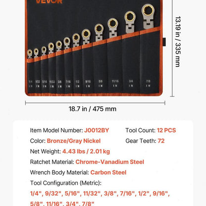 12-Piece Multifunctional Flex-Head Ratcheting Wrench